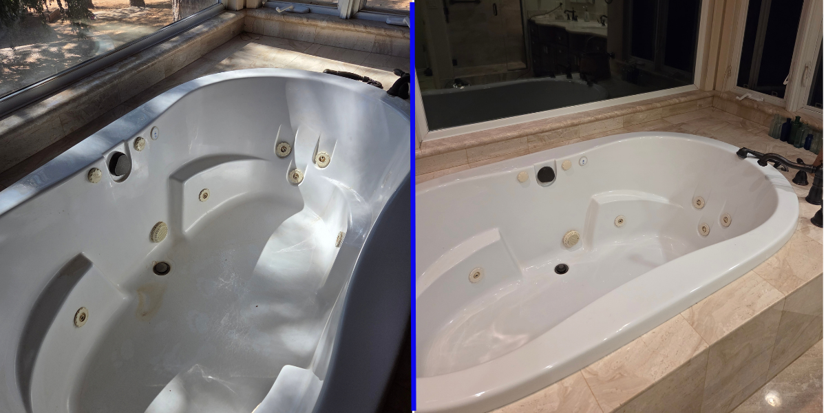 Volcano's bathroom bathtub before and after cleaning